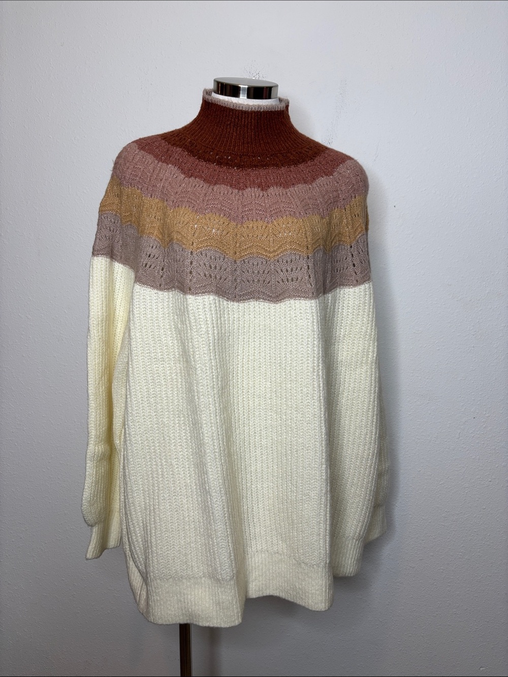 Maurices Cream Turtleneck Sweater with Rust, Mauve & Mustard Yoke